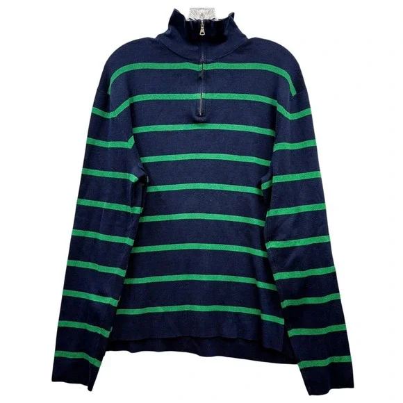 Vintage Polo Ralph Lauren Men's Quarter Zip Sweater Navy Green Striped Cotton L - Picture 1 of 6